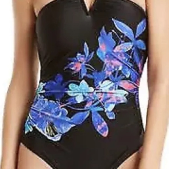 Calvin Klein BLACK MULTI ISLAND FLORAL SHIMMER V-Wire One-Piece Swimsuit - Picture 8 of 11